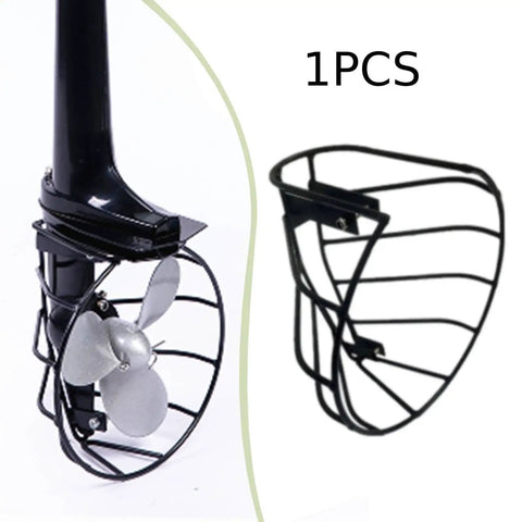 Heavy Duty Propeller Guard For Outboard Motor Dive Boats Keeps Gear Safe From Rocks And Debris With Easy Install Metal Hardware Protection That Slays The Water, showing 205 mm black metal guard with propeller.