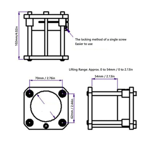 Rock Solid Aluminum Alloy Router Table Insert Plate With Heavy Duty Lift Kit For 64 To 65 Mm Machines Featuring detailed diagram with dimensions and lifting range.