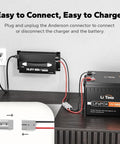 14.6V 40A Lithium Battery Charger For LiFePO4 12V Batteries mounted with handle and LED indicator, Anderson connector shown
