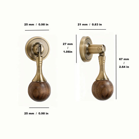 Antique Tear Drop Walnut Drawer Pulls Set Two Pack With Screws, Vintage pendant pulls with brass base and walnut knobs.