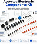 Assorted electronic components kit with IC chip, diodes, capacitors, and more for DIY projects, repairs, and prototyping.