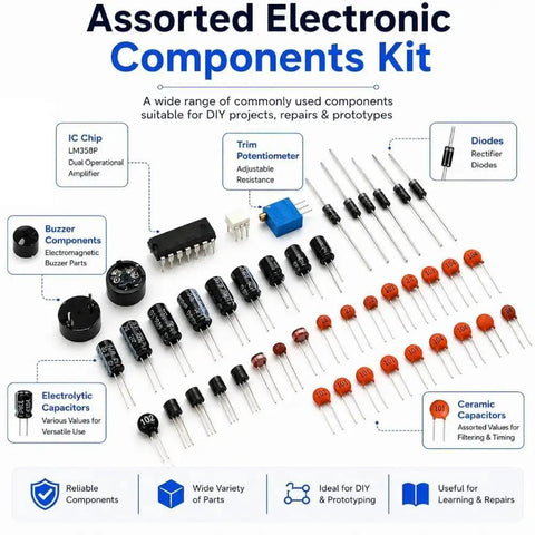 Assorted electronic components kit with IC chip, diodes, capacitors, and more for DIY projects, repairs, and prototyping.
