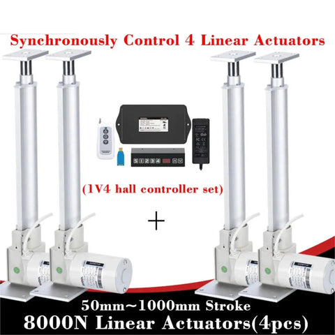 Straight Up Four Piece Linear Actuator Kit With Synchronous Hall Controller Featuring 24 Volt Dc Motor And Smooth 50 To 1000 mm Stroke For Rock Solid Workshop Automation And Pro Level Energy Efficiency, showing four silver linear actuators with controller.