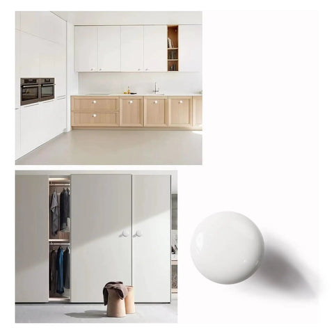 Badass White Round Cabinet Knobs For Kitchen And Farmhouse Drawers Boasting A Super Clean Slick Design Sturdy Zinc Build With No Hassle Quick Install Mounting Screws Included Tight Grip Handles 10 Pack in a modern kitchen setting.