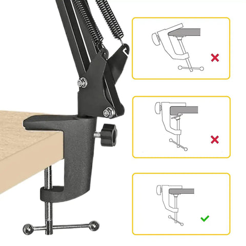 Pro Grade Aluminum Alloy Adjustable C Clamp Mount for Universal Desk Lamps and Mic Arms securely attaches to a tabletop.
