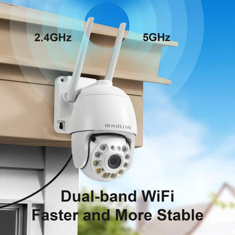 4MP HD Plug In Outdoor Security Camera With Dual Band WiFi mounted under roof eave showcasing dual-band capability