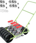 Easy-To-Use Manual Garden Seeder With 4-Row Setup for small farms, showing detailed view of wheels, seed containers, and additional parts