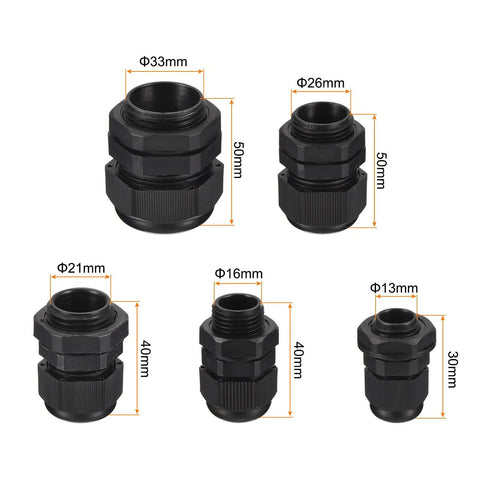 5 black connectors from 20 Pcs Nylon Cable Gland Kit With 1/4 3/8 1/2 3/4 And 1 Inch Fittings for panels and enclosures