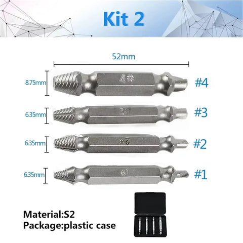 Kit 2 S2 stripped screw extractor bits set, 52mm, #1-#4, in plastic case for damaged bolt removal