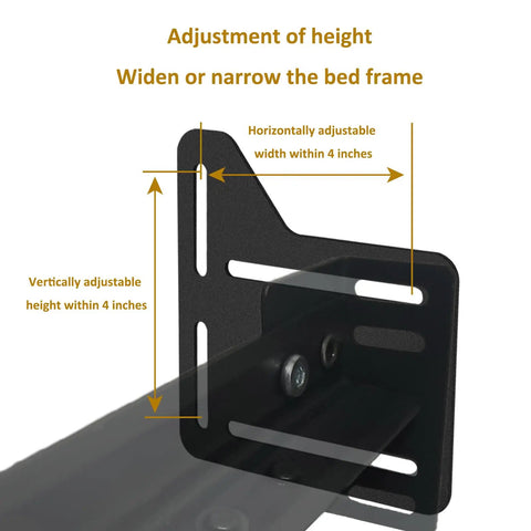 Heavy Duty Bed Frame Brackets For Headboard Adapter Connector Includes Two Rock Solid Steel Conversion Plates With Sleek Black Finish adjustment features showing vertical and horizontal adjustments.