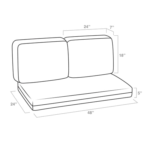 Diagram of Outdoor Loveseat Cushion Set 3-Piece With 2 Back Pillows And 1 Bottom Cushion, 48 By 24 Inches, showing dimensions.