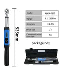 Electric Digital Torque Wrench With Half Inch Bidirectional Ratchet Head And Flexible Adjustable Controls, detailed view with specifications in package.