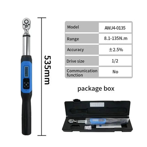 Electric Digital Torque Wrench With Half Inch Bidirectional Ratchet Head And Flexible Adjustable Controls, detailed view with specifications in package.