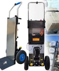 Heavy Duty Electric Stair Climbing Hand Truck With Massive 400kg Carrying Capacity And Super Smooth Brushless Motor Power For Easy Warehouse Delivery Jobs, showing dual angles and robust design.