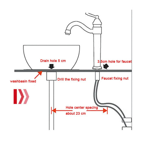 Diagram showing installation details for USZWBY Vessel Sinks Bathroom Sink, highlighting drain and faucet hole specifications.