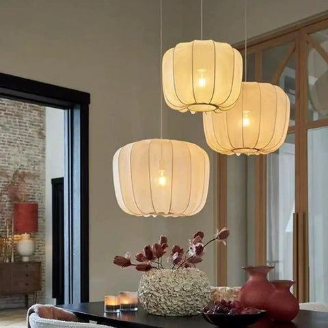 Nordic Apartment Pendant Light Cozy Handmade White Fabric Lantern Ceiling Hanging Lamp Minimalist Chandelier Imitation Silk Lampshade Modern Hanging Light With E26 Base For Dining Room Kitchen Cafe Restaurant