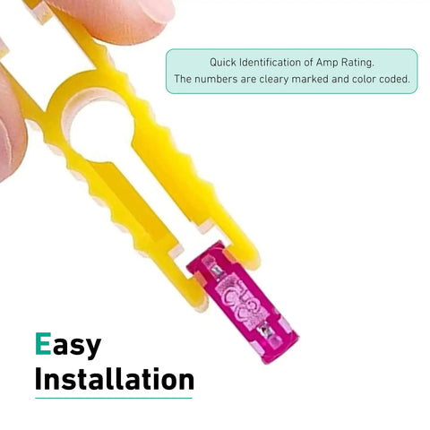 Close-up of yellow fuse puller holding pink fuse from Must Have 120 Piece Car Fuse Assortment Kit With 2A To 35A Mini Blade Fuses Plus Fuse Puller Universal Automotive Replacement Fuses For Cars RV Truck Boat Multicolor.