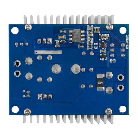 Top view of Kickstart Your Builds With This Built Tough 300W 20A Adjustable Buck Converter circuit board with copper terminals.