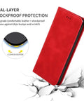 Red dual-layer shockproof phone case with cushion buffer over cracked surface showcasing durability and protection features.