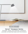 Verve Designer Desk Lamp With Qi Wireless Charger, True White LED on airy desk, modern aluminum frame with adjustable settings