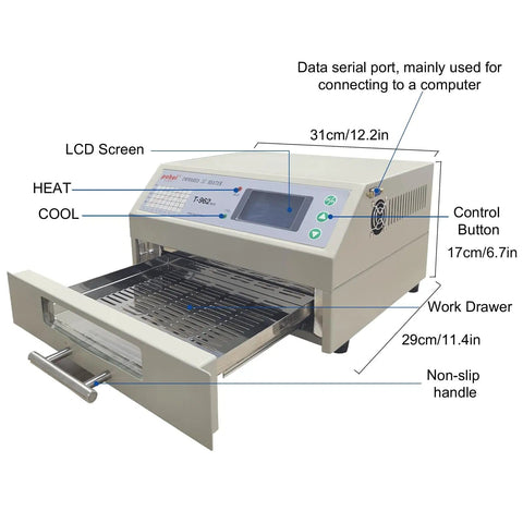 Smart Auto SMD Reflow Oven With Infrared IC Heater 110V 800W, showing open work drawer, LCD screen, and control buttons.