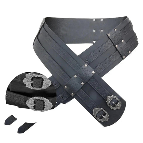 Mens Legit Genuine Leather Viking Belt With Adjustable Corset Lacing And Wide Steampunk Waist Strap For Badass Medieval Cosplay Costumes and Pro Photo Shoots, detailed black PU leather with ornate buckles.