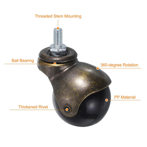 Two Inch Ball Caster Wheels With 360 Degree Swivel Rotation Heavy Duty Plastic Build for carts, showing threaded stem and black ball design.