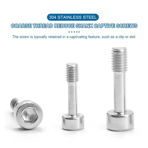 Tough Built Boss Grade Captive Machine Screws Assortment M2 M2.5 M3 M4 M5 M6 Hex Socket Head Cap Fasteners with Reduced Shank shown in 304 stainless steel.