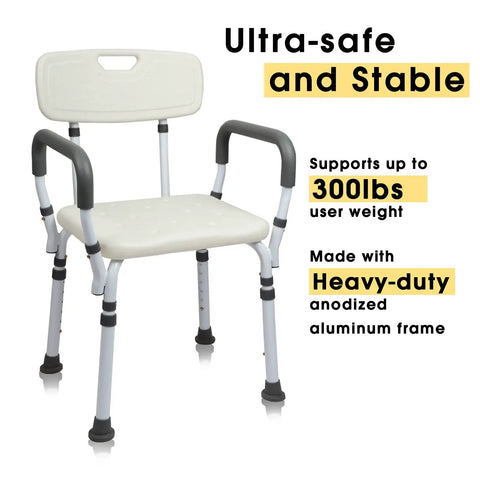 Arms And Back Shower Chair With Tool Free Assembly, lightweight aluminum bath seat for seniors, supports 300lbs, anti-rust.
