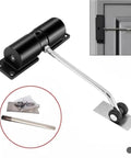Adjustable Automatic Door Closer Self Closing Hinge Spring Stainless Steel Rebound Device Black with installation kit shown