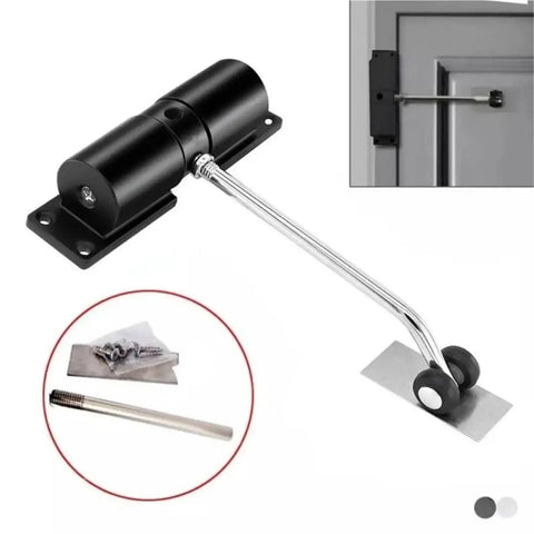 Adjustable Automatic Door Closer Self Closing Hinge Spring Stainless Steel Rebound Device Black with installation kit shown