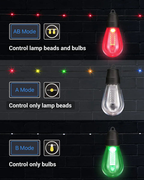 Outdoor 50ft Smart RGBw String Lights With Waterproof Rope Fairy Lights Bluetooth App Remote Control And Dimmable Color Changing Modes For Patio Balcony Backyard Parties Holidays Night Vibes - different control modes displayed