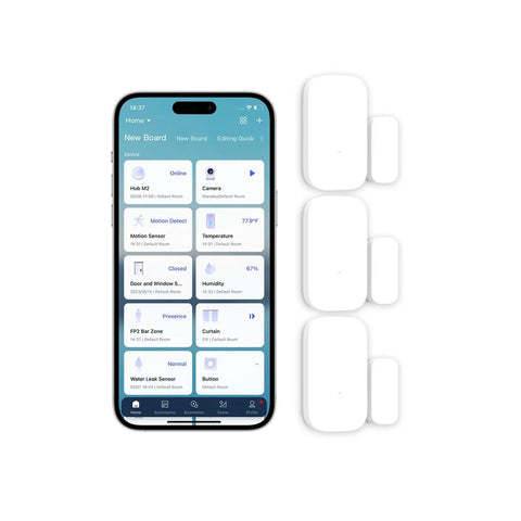 Smartphone displaying home automation and 3 Zigbee Door And Window Sensor 3 Pack, Wireless Mini Contact Sensor, works with Apple HomeKit, Alexa