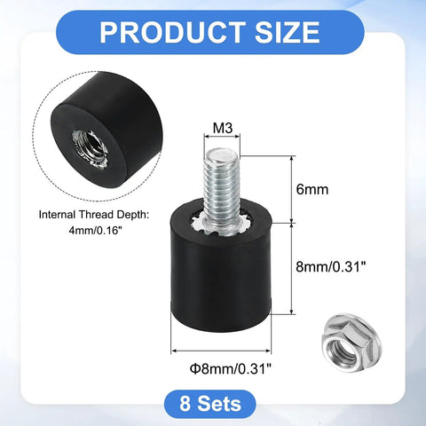 M3 Rubber Mounts 8 Pack 8x8mm Vibration Isolators With Lock Nuts For Cars Generators Air Compressors Industrial Equipment Shock Absorbers Heavy Duty Zinc Plated Flange Nuts Included, size diagram