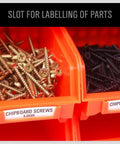 Close-up of labeled storage bins holding screws on 30 Bin Wall Mounted Storage Rack System For Heavy Duty Garage Organization
