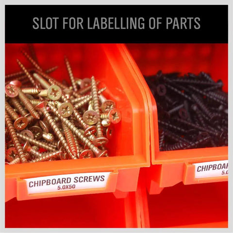 Close-up of labeled storage bins holding screws on 30 Bin Wall Mounted Storage Rack System For Heavy Duty Garage Organization