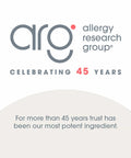 Logo of Allergy Research Group celebrating 45 years with text about trust as their most potent ingredient.