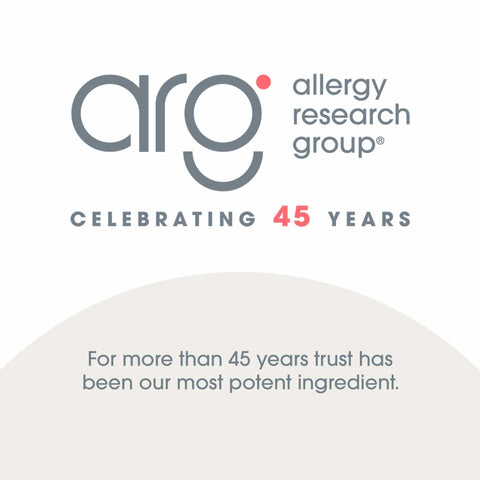 Logo of Allergy Research Group celebrating 45 years with text about trust as their most potent ingredient.