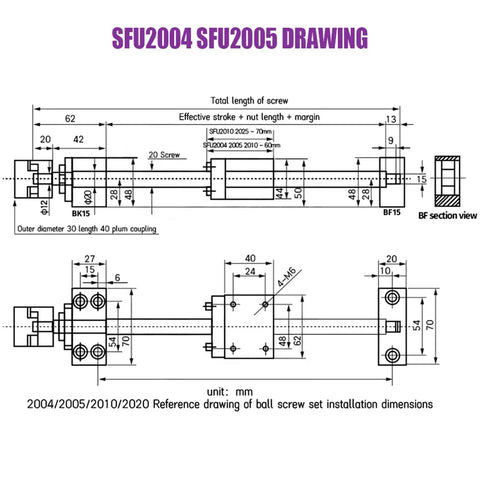 Professional Grade Rock Solid C7 Twenty Millimeter Ballscrew Kit With Lead Nut Bkbf15 End Blocks Assembly drawing with dimensions
