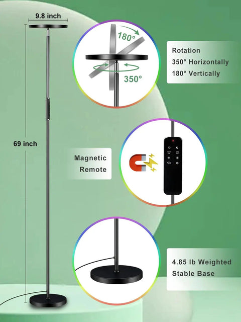 RGB LED Floor Lamp With Remote 36W 3600LM 69 Inch Tall Torchiere Upgraded 2025 Stepless Dimming Color Changing Floor Light