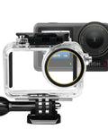 Waterproof Case With Floating Grip For DJI Action 5 Pro Action 4 And Action 3 Cameras, 50M 164FT Deep Dive Housing shown with camera