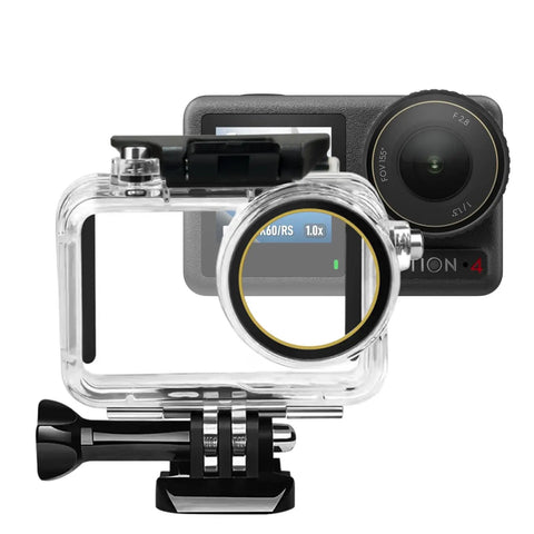Waterproof Case With Floating Grip For DJI Action 5 Pro Action 4 And Action 3 Cameras, 50M 164FT Deep Dive Housing shown with camera