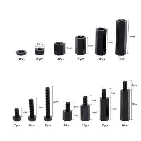 Go-To M3 Nylon Standoff Kit With 380 Pieces For PCB Mounting including various sizes of spacers, threaded pillars, screws, nuts, washers.