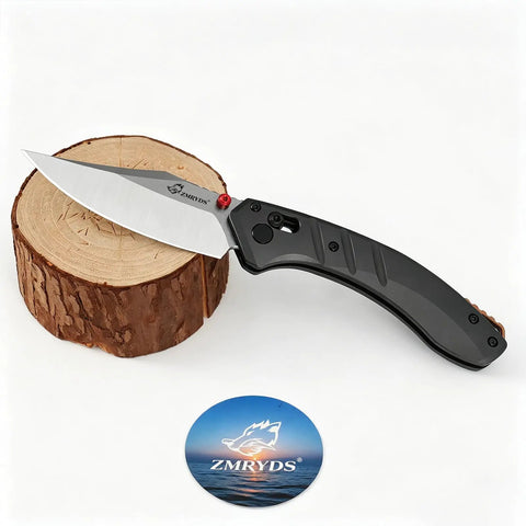 Premium Folding Pocket Knife With Top Shelf Dc53 Steel Blade and Rock Solid Aluminum Handle loaded resting on a wooden log.