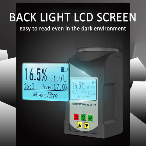 Grain Moisture Tester Portable Cup Type Meter For 25 Grains Including Wheat Corn Coffee High Precision 0.5 Percent With Temperature Compensation Data Storage For Farmers Food Processors And Traders, backlit LCD screen