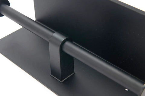 Close-up of Stainless Steel Double Toilet Paper Holder With Shelf Wall Mounted Matte Black Finish Rustproof SUS304 Construction.