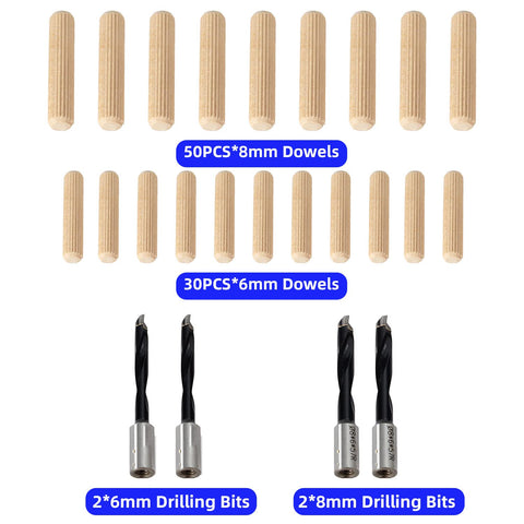 Dual-Spindle Doweling Jointer DJ710 Pro Grade 710W 120V 60Hz accessories with 2x8mm and 2x6mm drill bits, 80 dowels.
