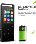 64GB Bluetooth MP3 Player With Sport Armband For Running FM Recording Shuffle Play Line In Voice Recording HiFi Sound Multifunction Metal Shell Lossless Music Player Built For Workouts And On The Go Tunes shown with battery icon indicating long battery life and fast charge capabilities.