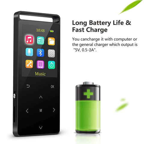 64GB Bluetooth MP3 Player With Sport Armband For Running FM Recording Shuffle Play Line In Voice Recording HiFi Sound Multifunction Metal Shell Lossless Music Player Built For Workouts And On The Go Tunes shown with battery icon indicating long battery life and fast charge capabilities.