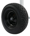 Close-up of rubber tire on 24 Inch Heavy Duty Log Holder With 1500 Lb Capacity Holds Logs Up To 20.47 Inch Diameter With Steel And Rubber Build